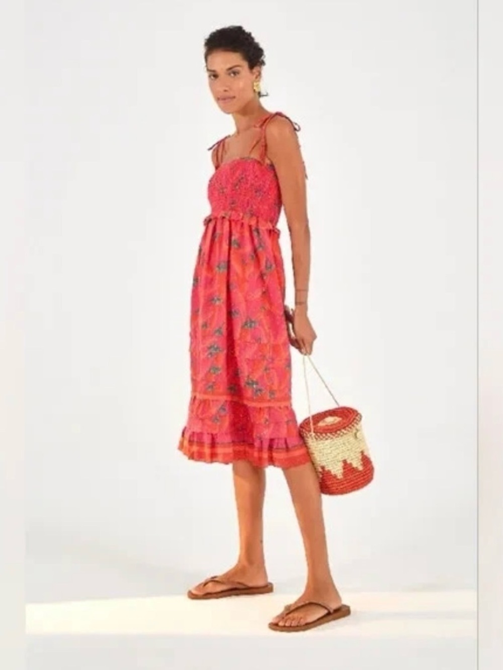 FARM Rio Dress Red Chili Pepper Midi Smocked Bodice Flounce Hem Tie Top Size XS
